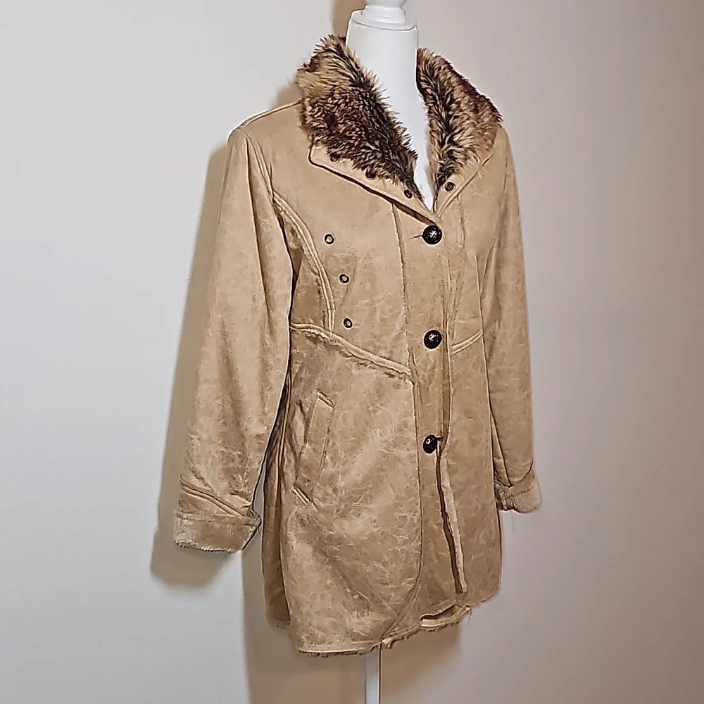 Morricci Coat Jacket Penny Lane Lined Faux Suede Faux Fur Collar Pockets Tan L - Picture 2 of 12